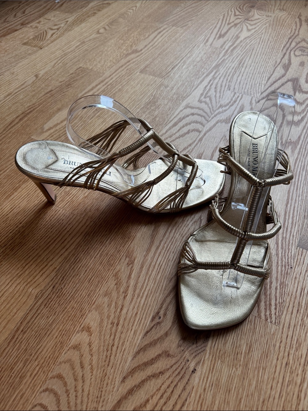 Bruno Magli Metallic Gold Strappy Mid Heel Sandals